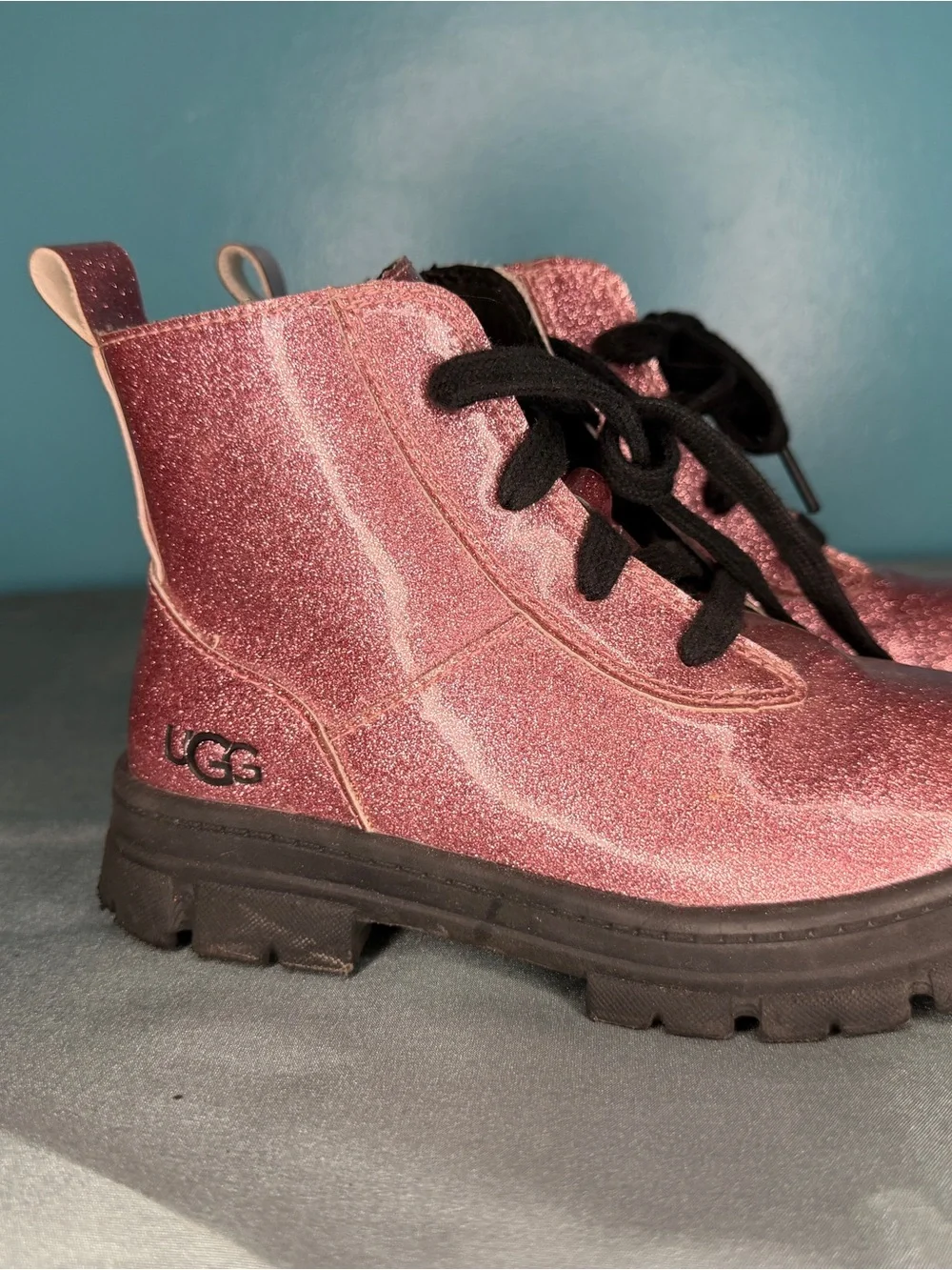 UGG Kids Pink Glitter Lace-Up Combat Boots